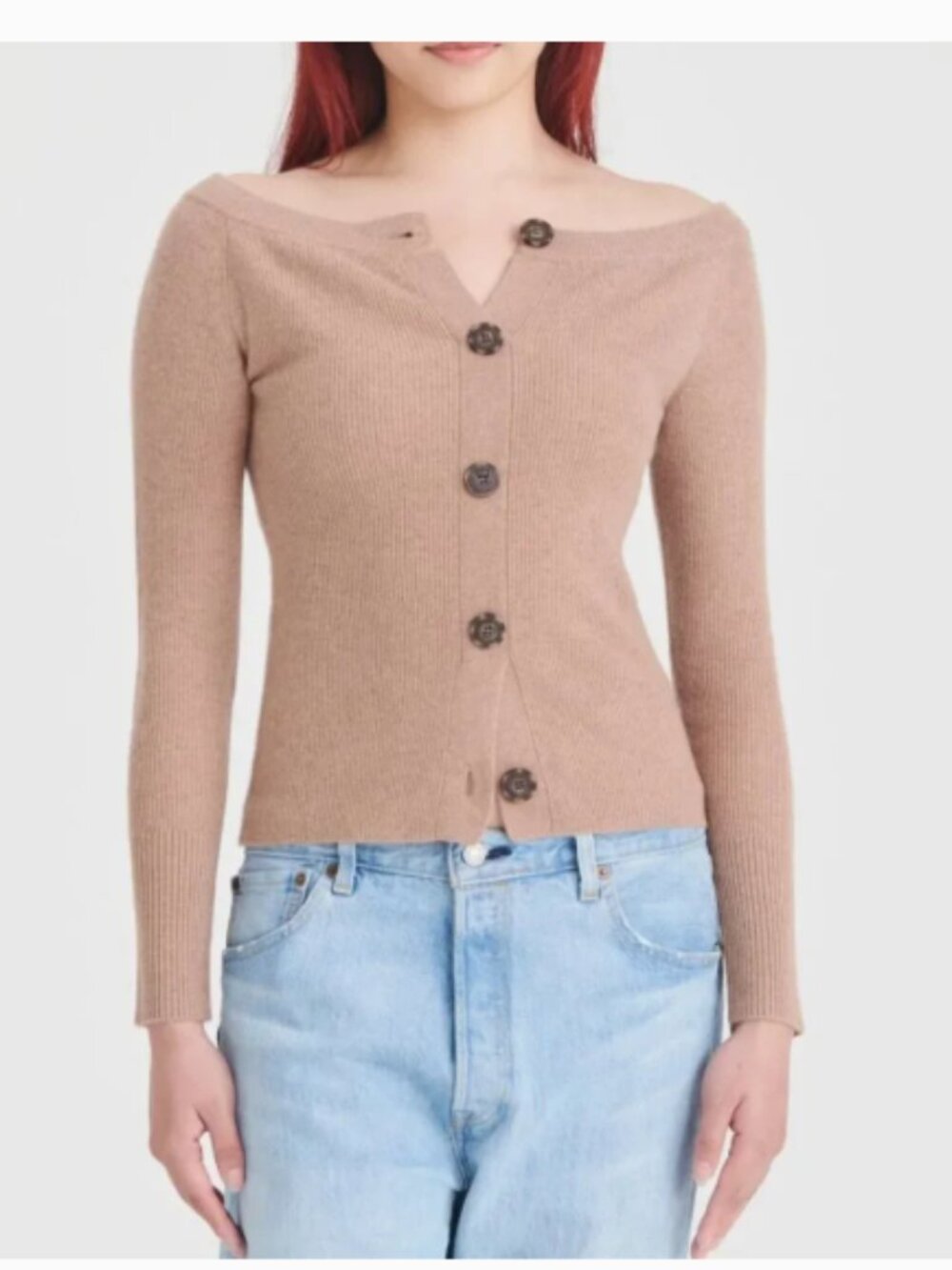 NAADAM Women's Brown Cashmere & Wool Blend Off-Shoulder Button-Front Sweater L